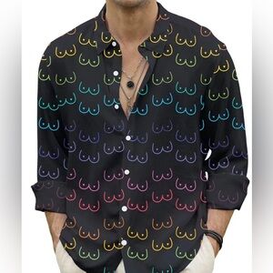 Men's Casual Shirt Boobs Print Long Sleeve Shirt,    Black/Rainbow
